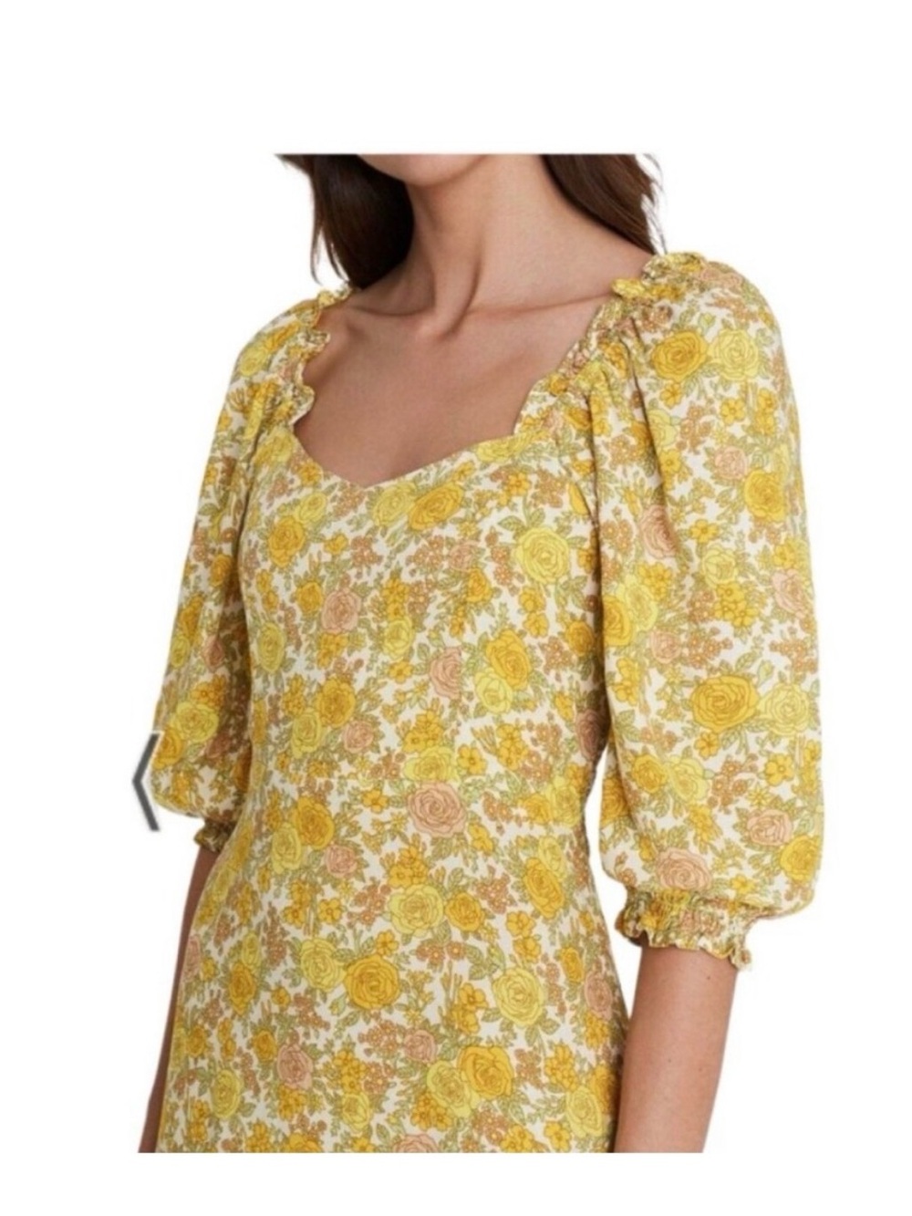 Faithfull the Brand Yellow Floral Puff-Sleeve Dress
